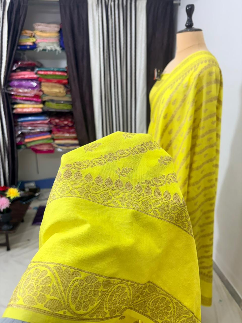 lemon worm banarasi silk saree ada buti blouse zari work