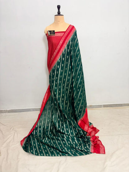 Bottle green worm banarasi silk saree ada buti blouse zari work