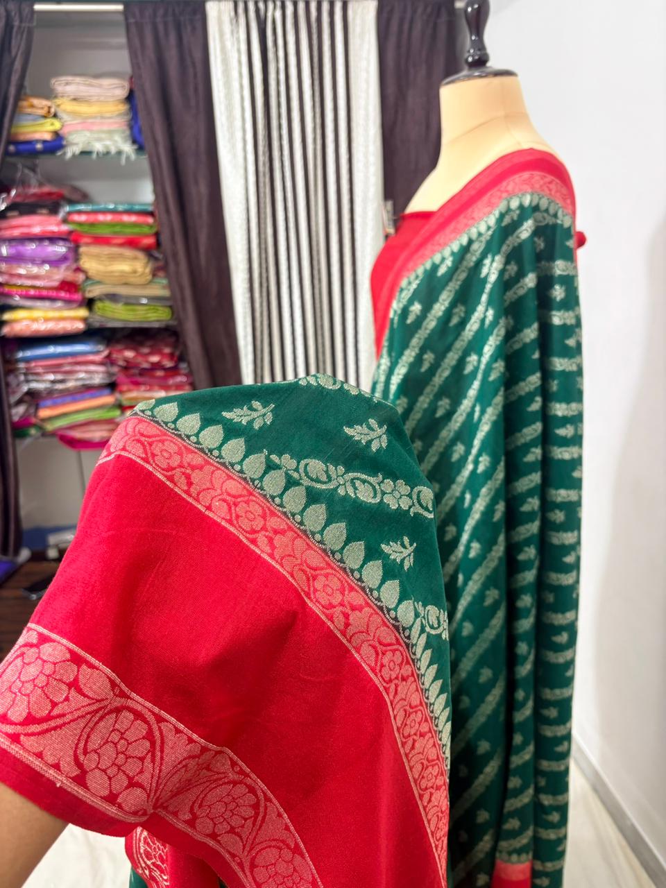 Bottle green worm banarasi silk saree ada buti blouse zari work