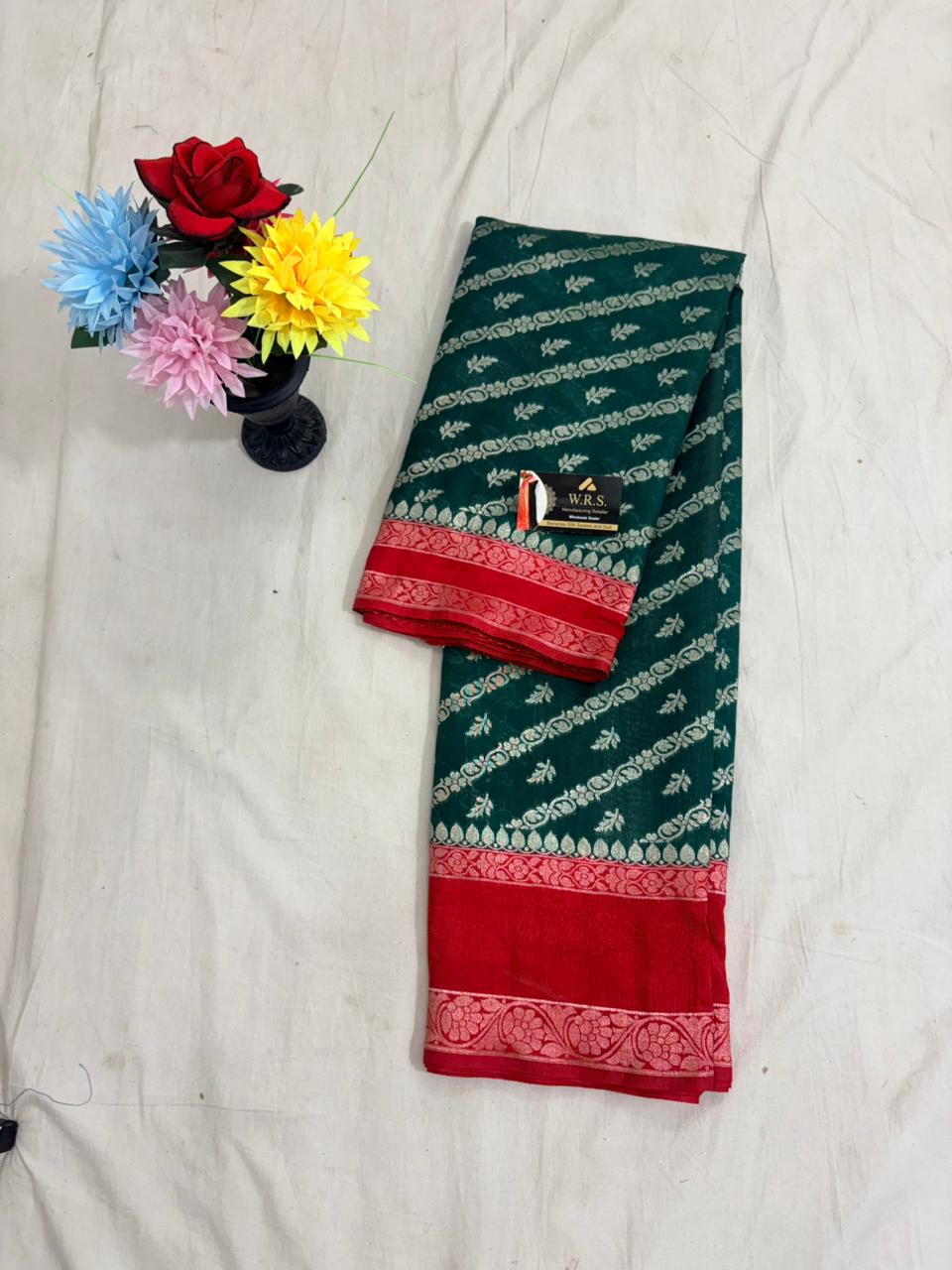 Bottle green worm banarasi silk saree ada buti blouse zari work