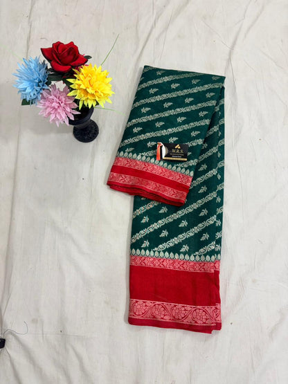 Bottle green worm banarasi silk saree ada buti blouse zari work