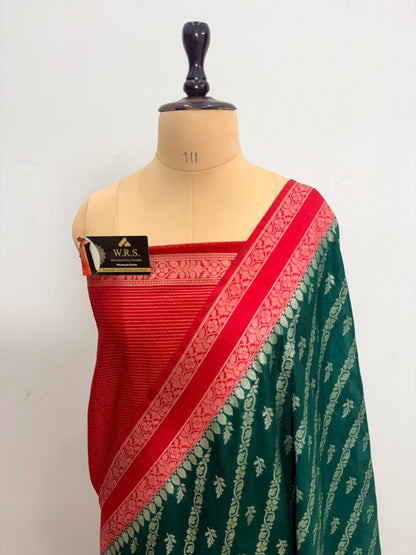 Bottle green worm banarasi silk saree ada buti blouse zari work