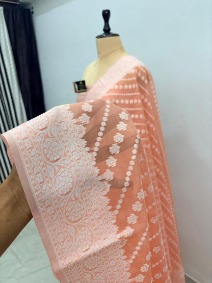 Rust  Lite  Cotton  Ada  Buti  Banarasi  Soft  Saree  With  Jacquard  work