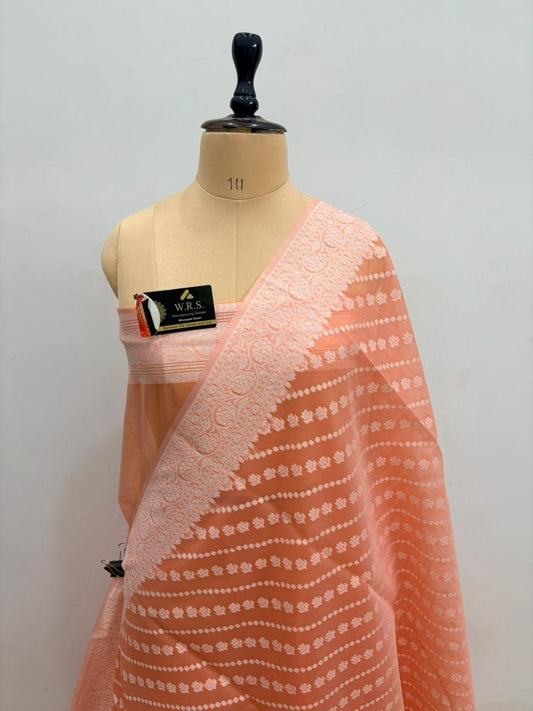 Rust  Lite  Cotton  Ada  Buti  Banarasi  Soft  Saree  With  Jacquard  work