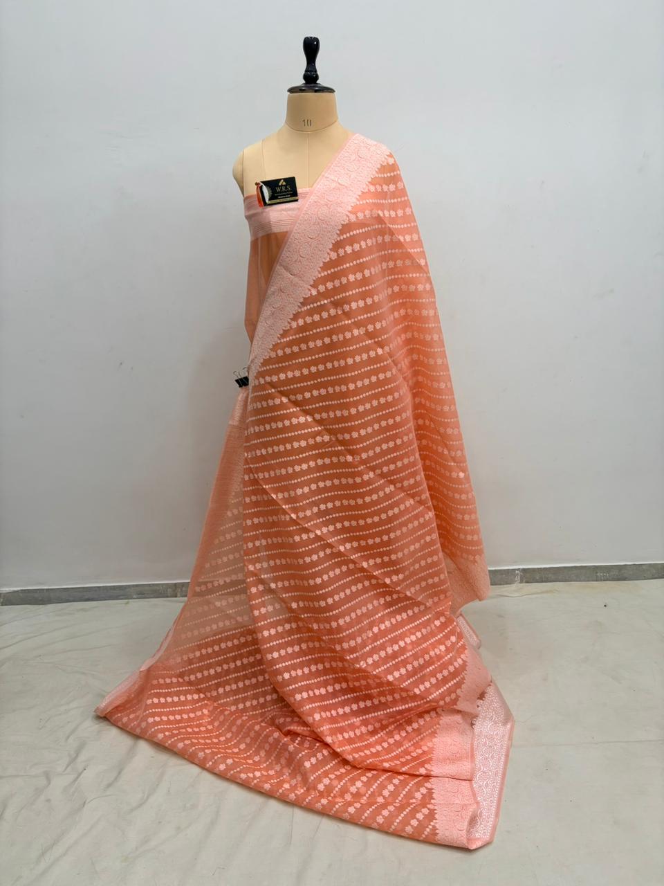 Rust  Lite  Cotton  Ada  Buti  Banarasi  Soft  Saree  With  Jacquard  work