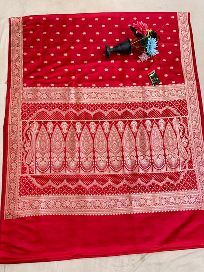 Red  katan satin  elegant  banarasi  silk  saree  lite  copur  zari
