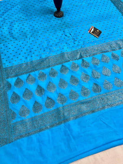 Firozi  katan  georgette  banarasi  silk  saree  black  soft  zari
