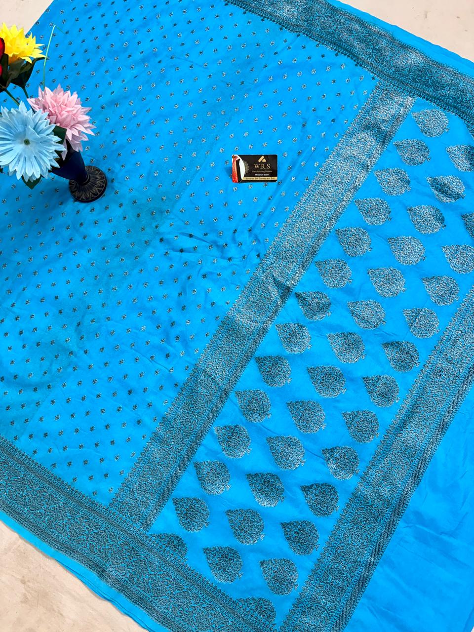 Firozi  katan  georgette  banarasi  silk  saree  black  soft  zari