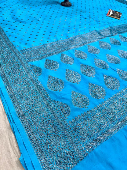 Firozi  katan  georgette  banarasi  silk  saree  black  soft  zari