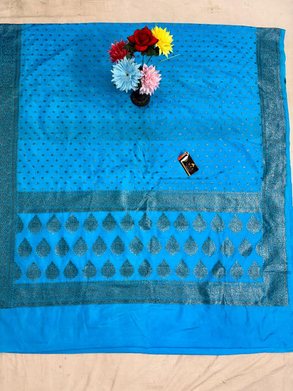 Firozi  katan  georgette  banarasi  silk  saree  black  soft  zari