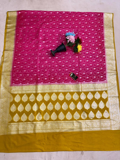 rani  mustard  multicolor  katan  georgette  banarasi  silk  saree  silver  zari