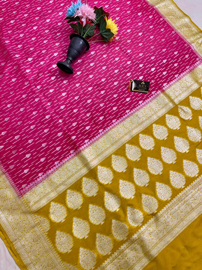 rani  mustard  multicolor  katan  georgette  banarasi  silk  saree  silver  zari