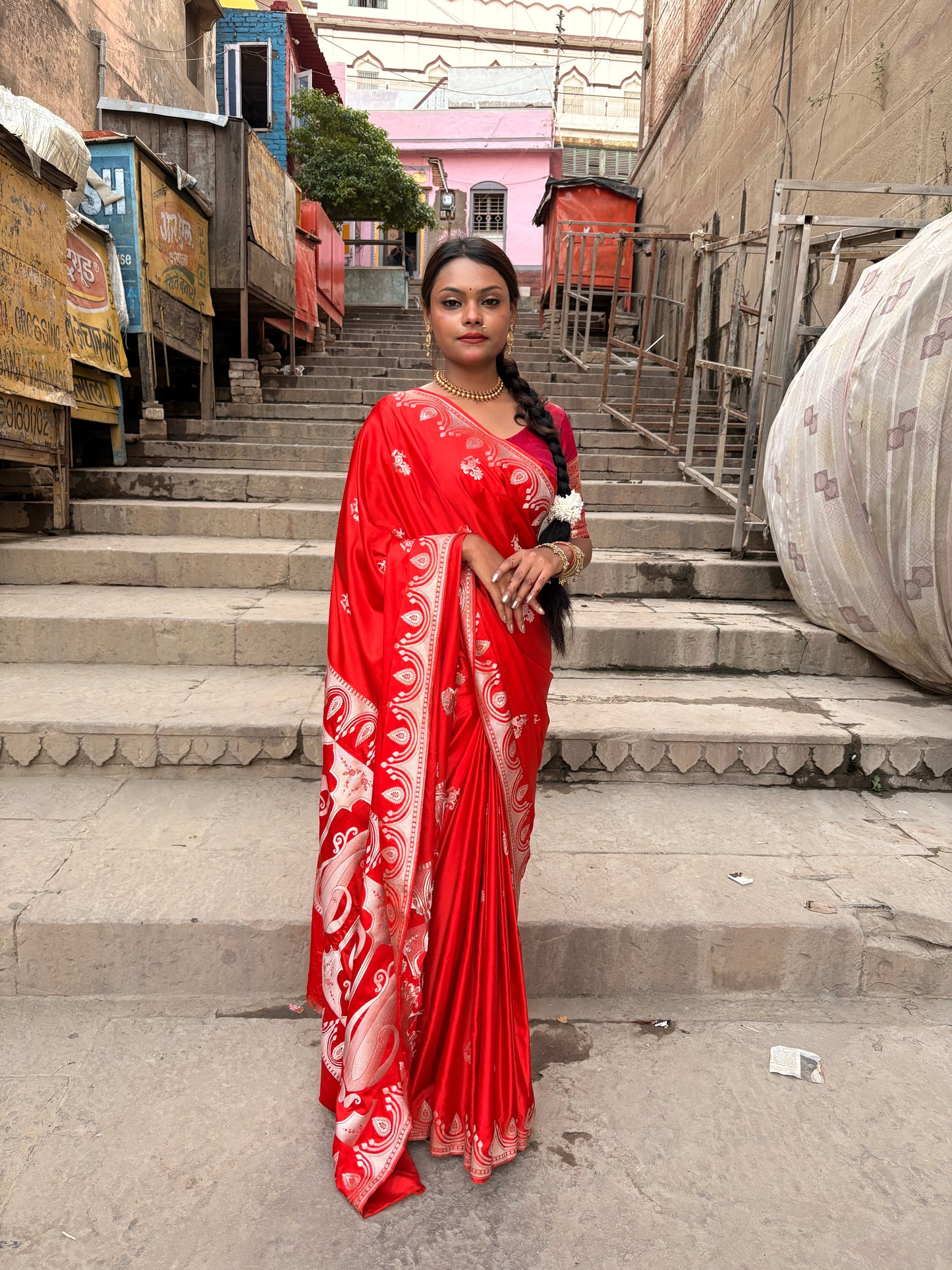 Royal Orange Katan Mashru Silk Banarasi Saree – Elegant Floral Zari Work