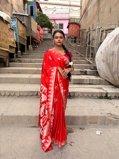 Royal Orange Katan Mashru Silk Banarasi Saree – Elegant Floral Zari Work
