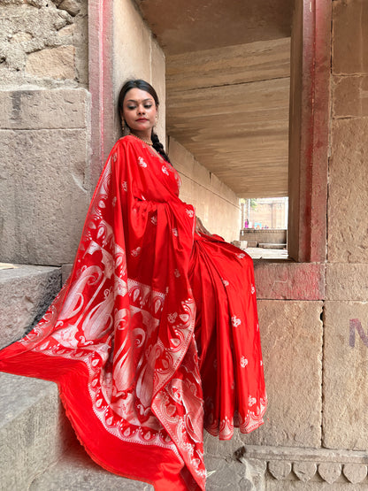 Royal Orange Katan Mashru Silk Banarasi Saree – Elegant Floral Zari Work