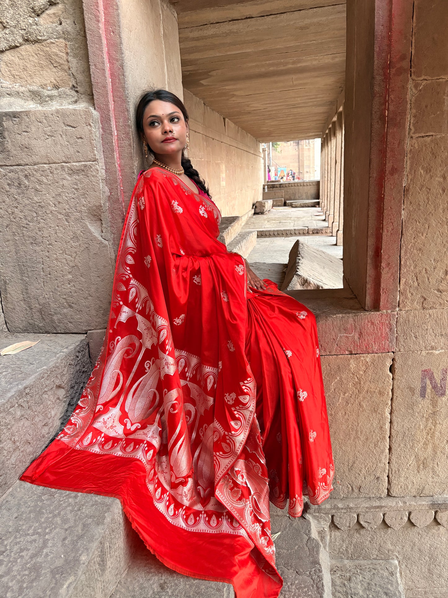 Royal Orange Katan Mashru Silk Banarasi Saree – Elegant Floral Zari Work