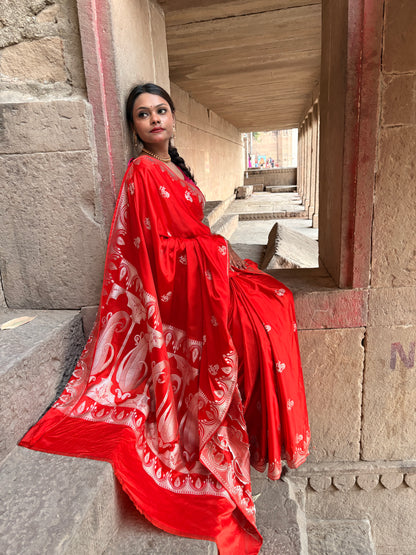 Royal Orange Katan Mashru Silk Banarasi Saree – Elegant Floral Zari Work