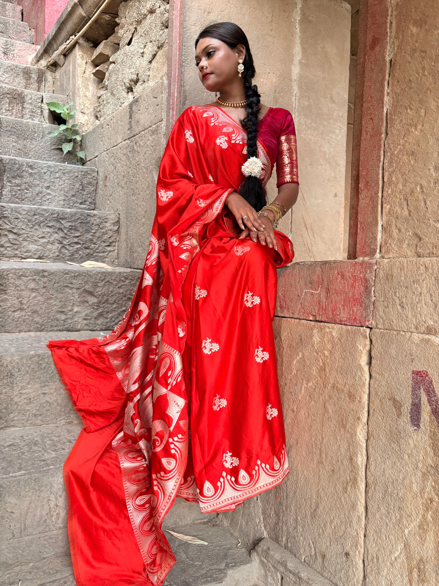 Royal Orange Katan Mashru Silk Banarasi Saree – Elegant Floral Zari Work