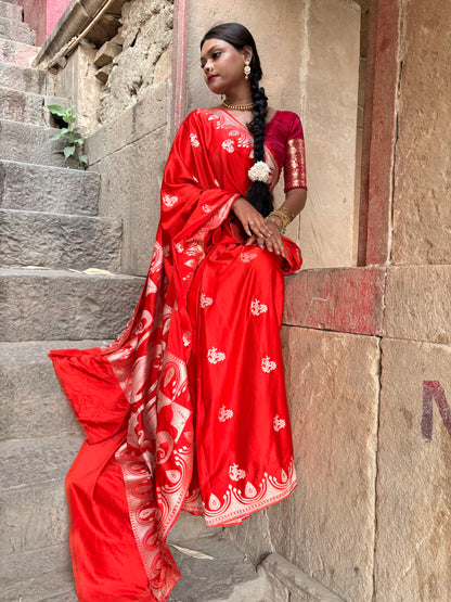 Royal Orange Katan Mashru Silk Banarasi Saree – Elegant Floral Zari Work