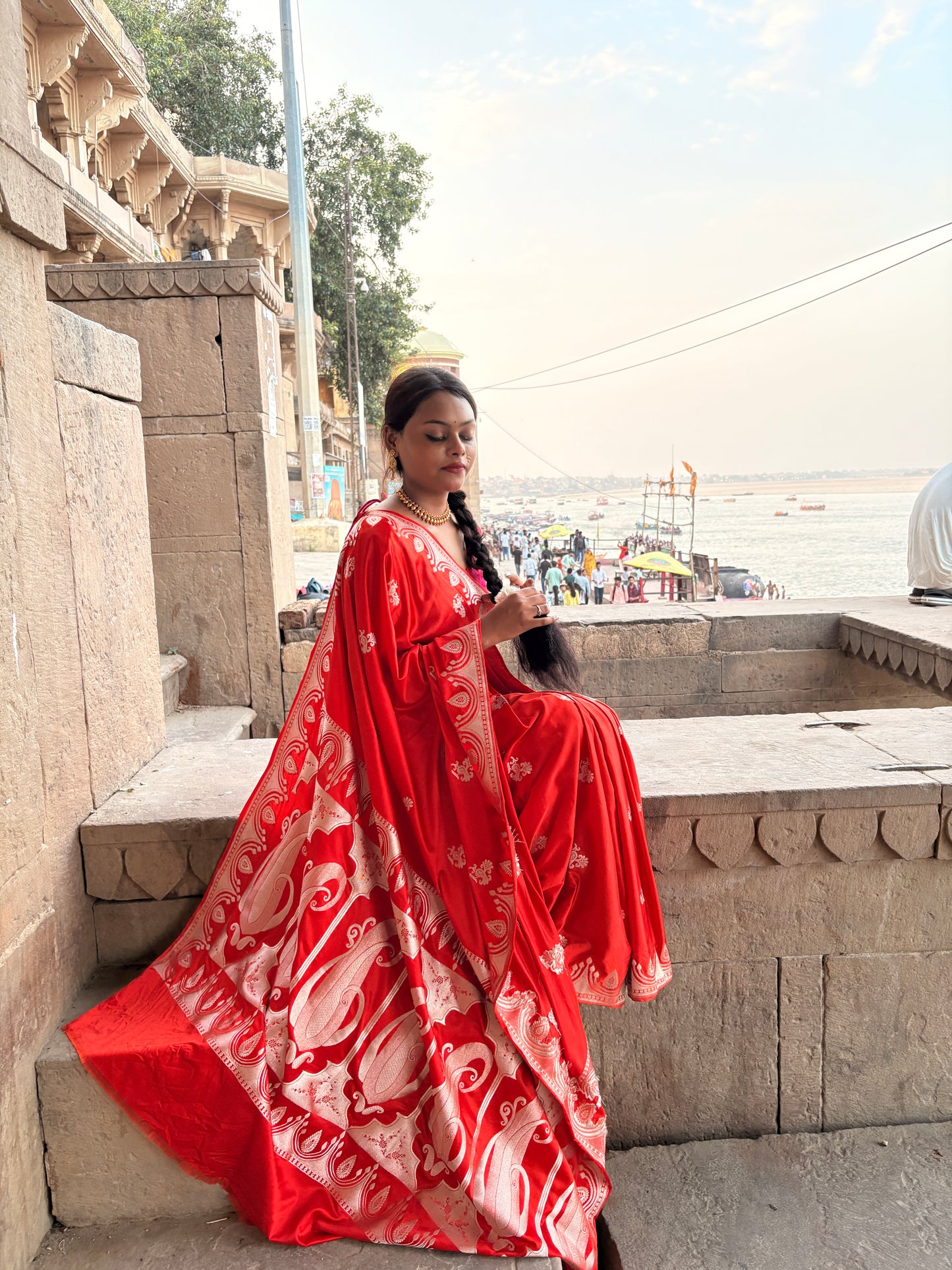 Royal Orange Katan Mashru Silk Banarasi Saree – Elegant Floral Zari Work