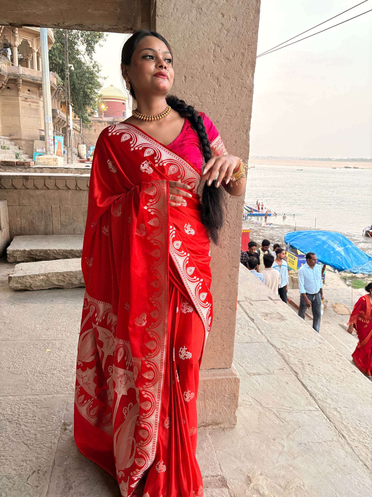 Royal Orange Katan Mashru Silk Banarasi Saree – Elegant Floral Zari Work
