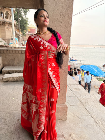 Royal Orange Katan Mashru Silk Banarasi Saree – Elegant Floral Zari Work
