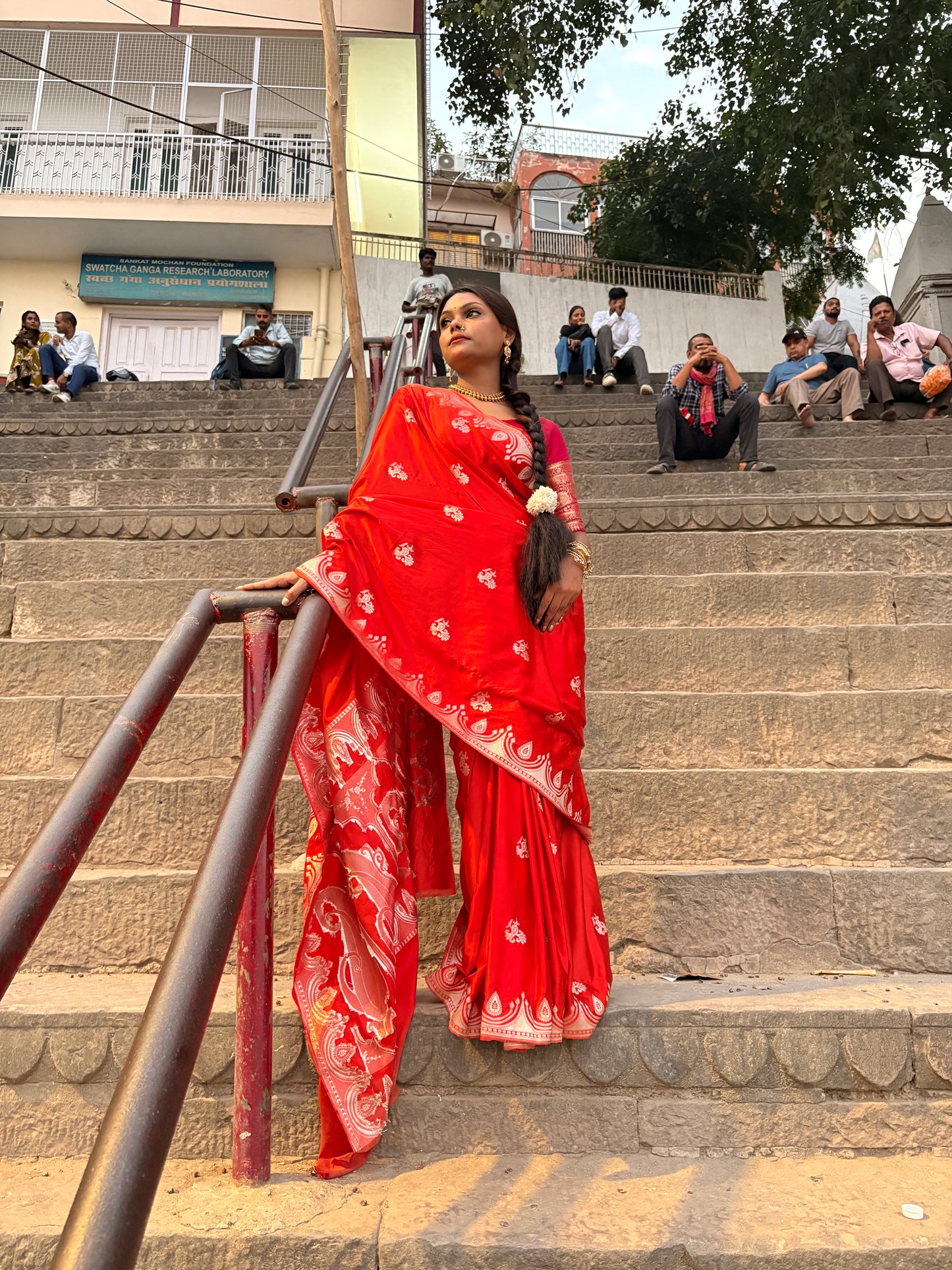Royal Orange Katan Mashru Silk Banarasi Saree – Elegant Floral Zari Work