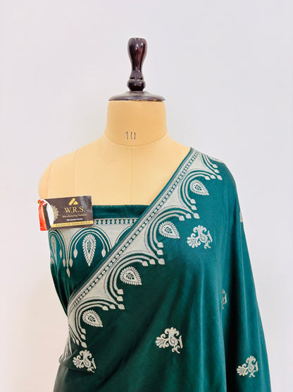 Premium Bottle Green Katan Mashru Silk Banarasi Saree – Traditional Jacquard Zari Weaving