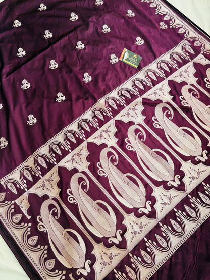 Premium Mahroon Katan Mashru Silk Banarasi Saree – Traditional Jacquard Zari Weaving