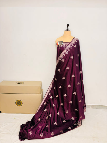 Premium Mahroon Katan Mashru Silk Banarasi Saree – Traditional Jacquard Zari Weaving
