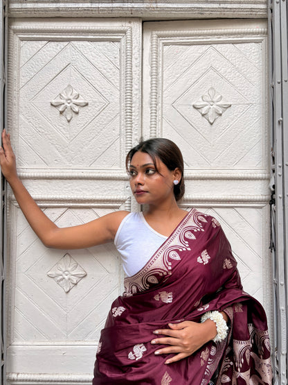 Premium Mahroon Katan Mashru Silk Banarasi Saree – Traditional Jacquard Zari Weaving