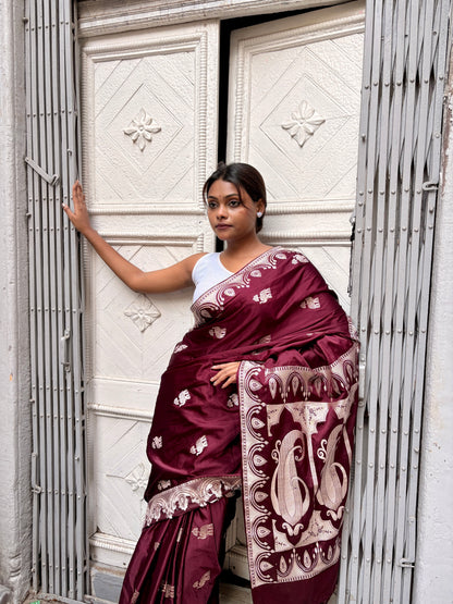 Premium Mahroon Katan Mashru Silk Banarasi Saree – Traditional Jacquard Zari Weaving