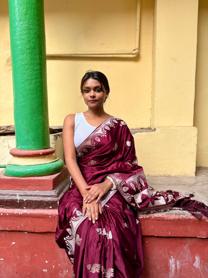 Premium Mahroon Katan Mashru Silk Banarasi Saree – Traditional Jacquard Zari Weaving