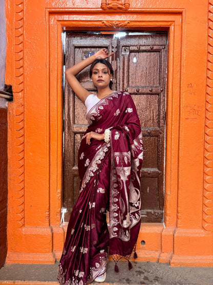 Premium Mahroon Katan Mashru Silk Banarasi Saree – Traditional Jacquard Zari Weaving