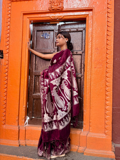 Premium Mahroon Katan Mashru Silk Banarasi Saree – Traditional Jacquard Zari Weaving