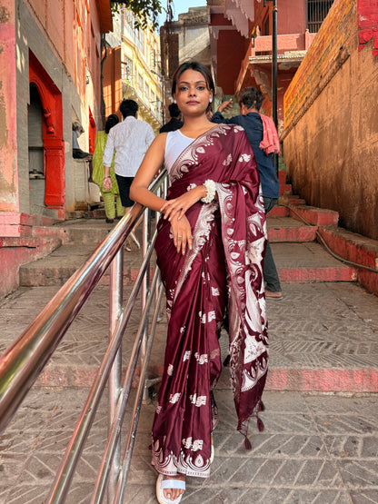 Premium Mahroon Katan Mashru Silk Banarasi Saree – Traditional Jacquard Zari Weaving