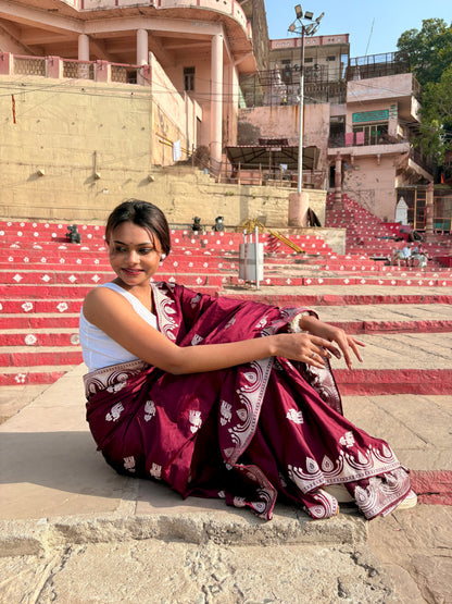 Premium Mahroon Katan Mashru Silk Banarasi Saree – Traditional Jacquard Zari Weaving