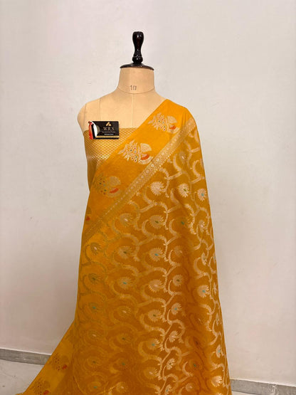 Mustard Yellow Viscose Banarasi Saree with Jacquard Zari Work