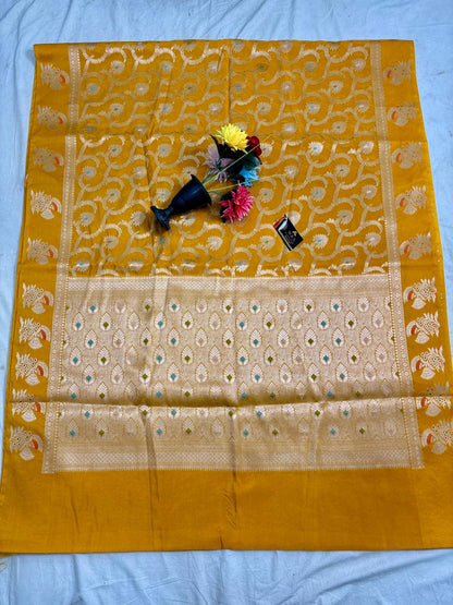 Mustard Yellow Viscose Banarasi Saree with Jacquard Zari Work