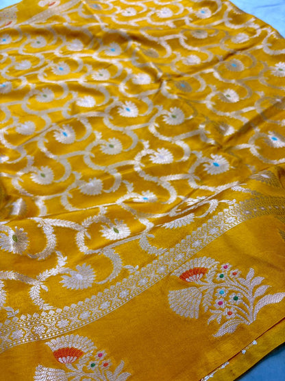 Mustard Yellow Viscose Banarasi Saree with Jacquard Zari Work