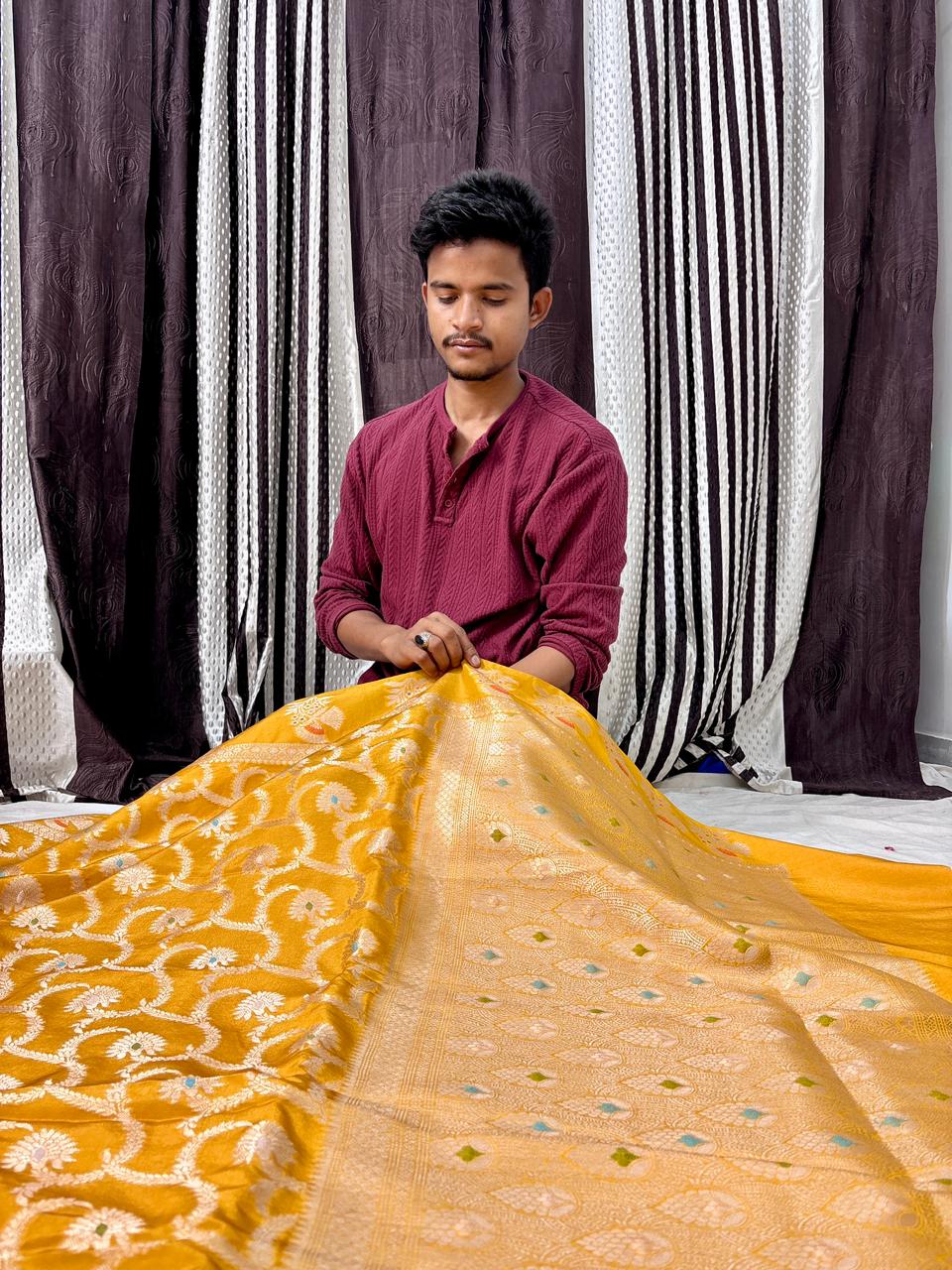 Mustard Yellow Viscose Banarasi Saree with Jacquard Zari Work