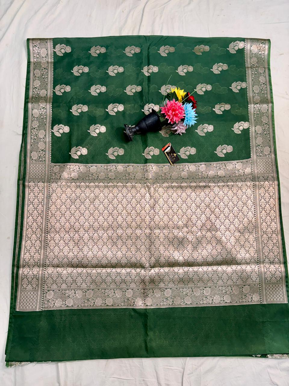 Rama Green Viscose Banarasi Saree with Jacquard Zari Work