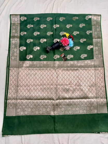 Rama Green Viscose Banarasi Saree with Jacquard Zari Work