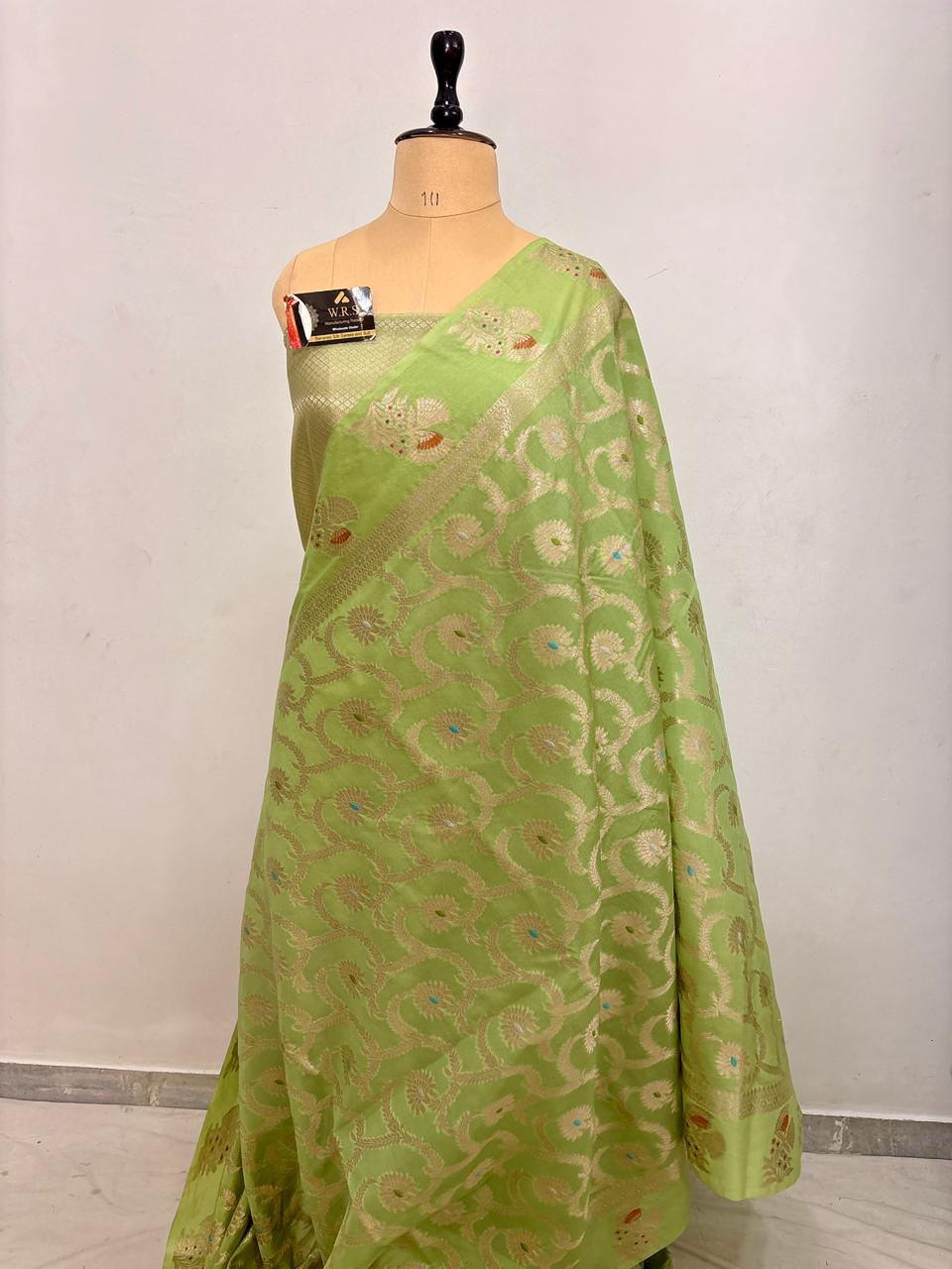 Pista Green Viscose Banarasi Saree with Jacquard Zari Work