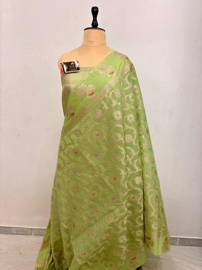 Pista Green Viscose Banarasi Saree with Jacquard Zari Work