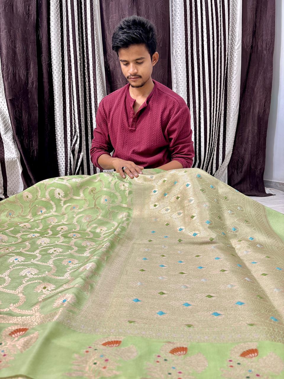 Pista Green Viscose Banarasi Saree with Jacquard Zari Work