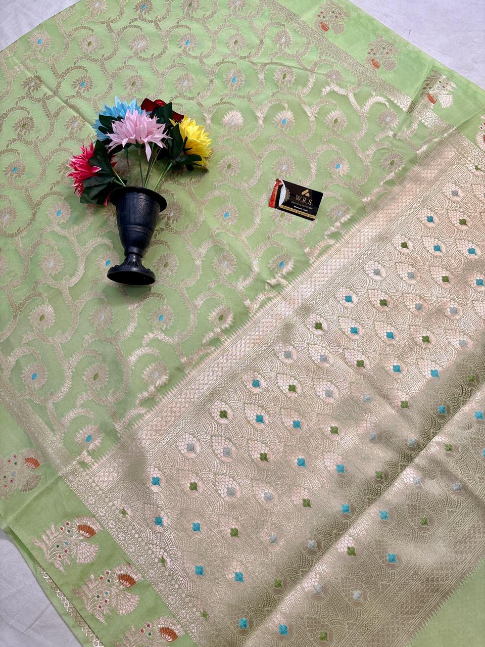 Pista Green Viscose Banarasi Saree with Jacquard Zari Work