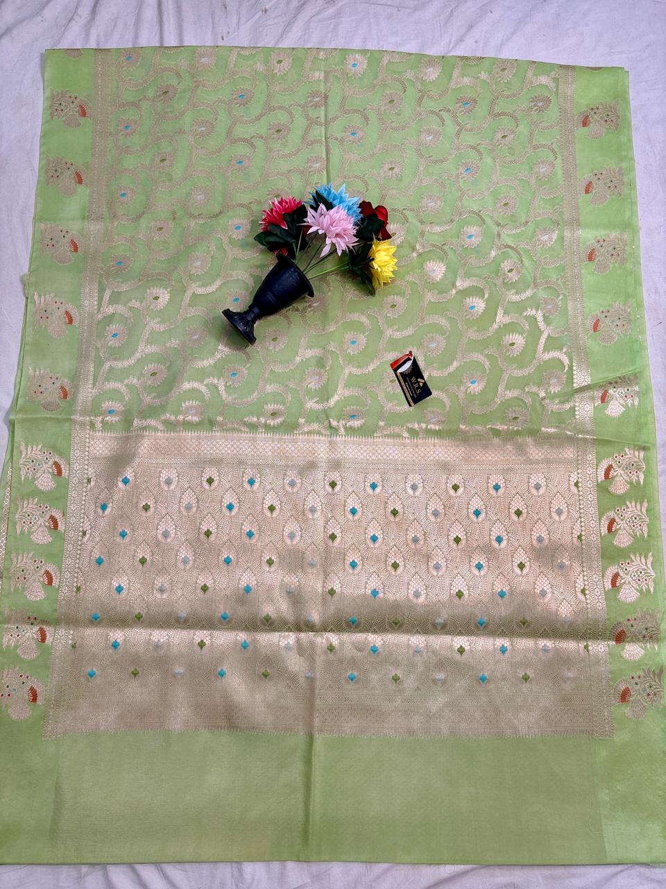 Pista Green Viscose Banarasi Saree with Jacquard Zari Work