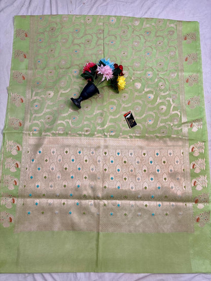Pista Green Viscose Banarasi Saree with Jacquard Zari Work