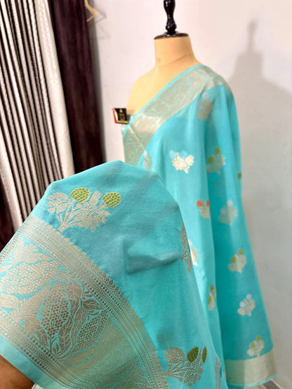 Sky Blue Viscose Banarasi Saree with Jacquard Zari Work